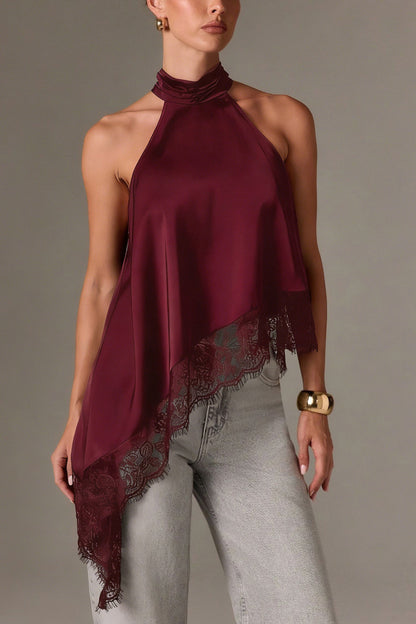 Cardydony Women's Solid Color Satin Sleeveless Lace Hem Loose Top