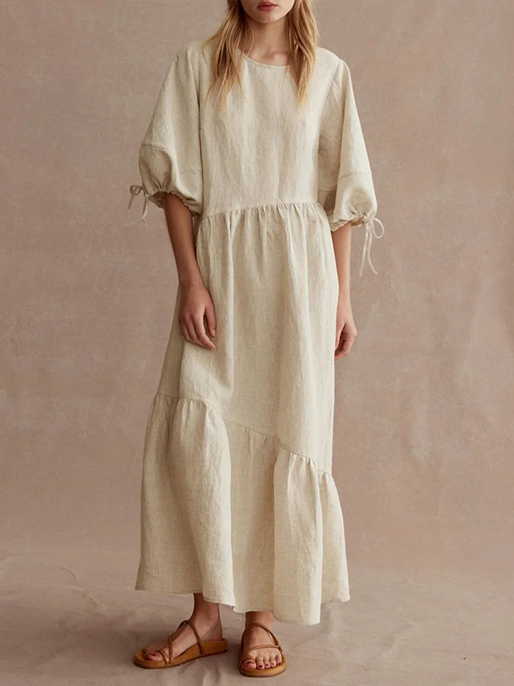 Cardydony Round Collar Pleated Design Casual Linen Dress