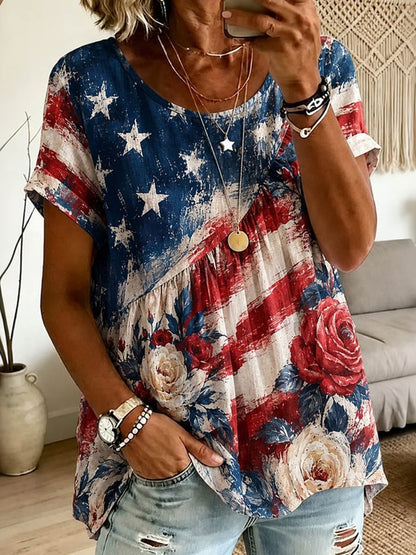 Cardydony Women's Retro Independence Day Flag Floral Art Cotton Linen Short Sleeve Top