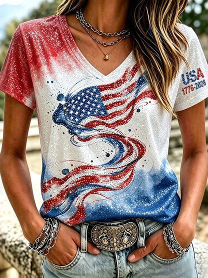 Cardydony Women's Independence Day Flag Print V-neck Short Sleeve T-shirt