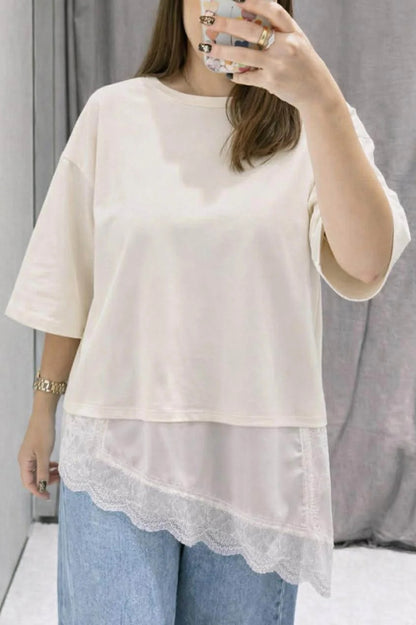 Cardydony Women's Stylish Round Neck Short-sleeved Patchwork Lace Hem Loose T-shirt
