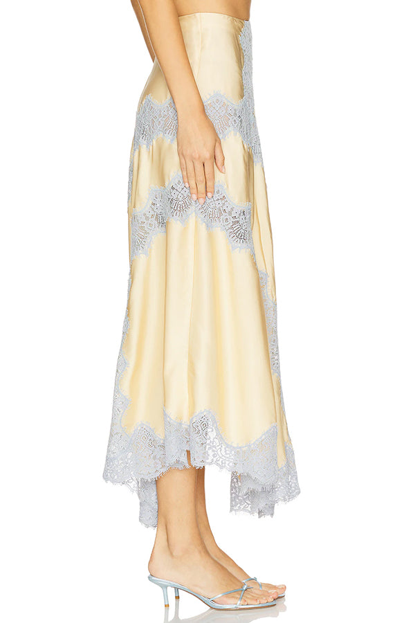 Cardydony Women's Wine Tasting Contrast Color Satin Lace Trim Irregular Hem Drape Midi Skirt