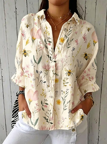 Cardydony Women's Vintage Bee Floral Art Print Casual Linen V-neck Shirt