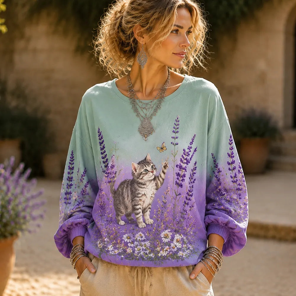 Cardydony Women's Long-sleeved Sweatshirt, Gradient Color, Decorated With A Cat And Daisy Pattern In A Lavender Field.