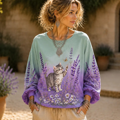 Cardydony Women's Long-sleeved Sweatshirt, Gradient Color, Decorated With A Cat And Daisy Pattern In A Lavender Field.