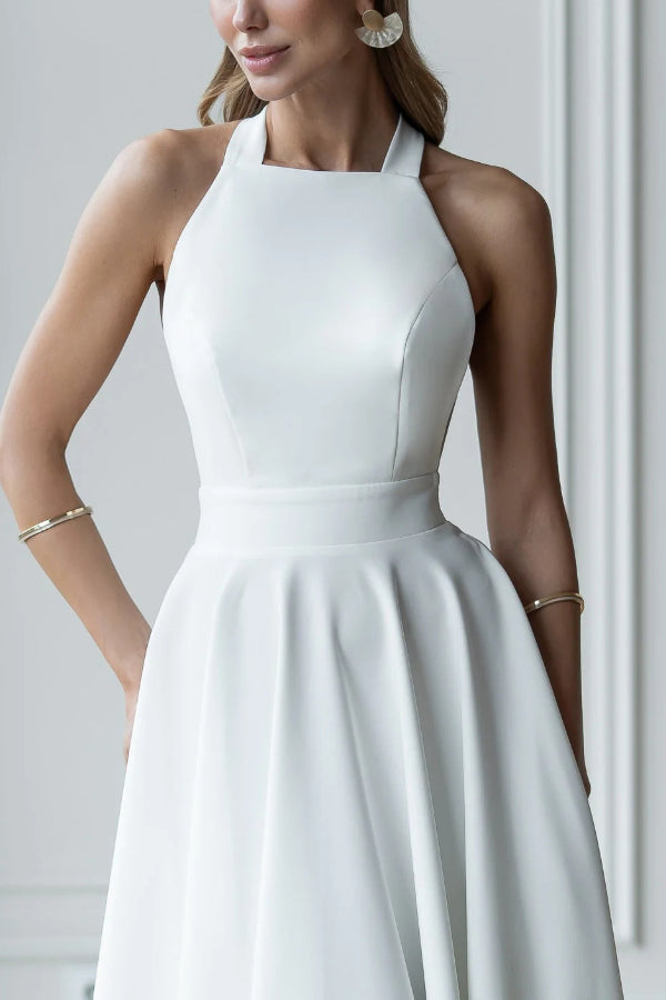 Cardydony Women's Solid Color Halter Neck Bow Tie Elegant Waist-cinching Midi Dress