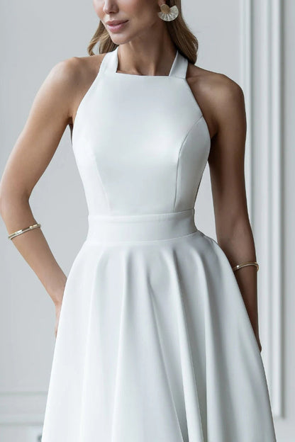 Cardydony Women's Solid Color Halter Neck Bow Tie Elegant Waist-cinching Midi Dress