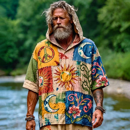 Cardydony Men's Retro Hippie Art Sun Moon Pattern Casual Cotton Linen Hooded T-shirt