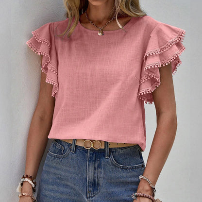 Cardydony Women's Casual Round Neck Loose Ruffle Batwing Sleeve Short-sleeved Top