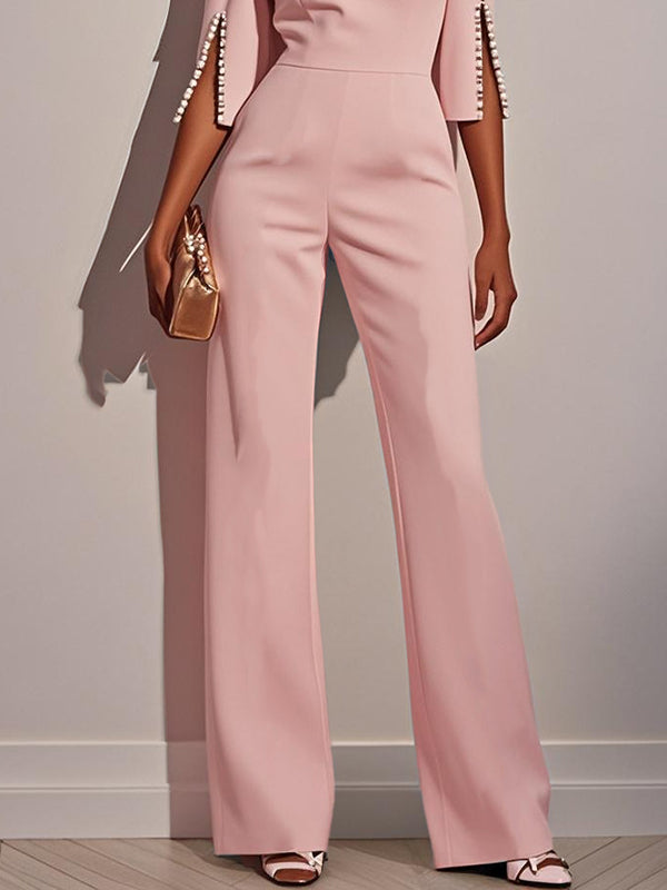 Cardydony Women's Solid Color Round Neck Beaded Decoration Slim Fit Casual Jumpsuit