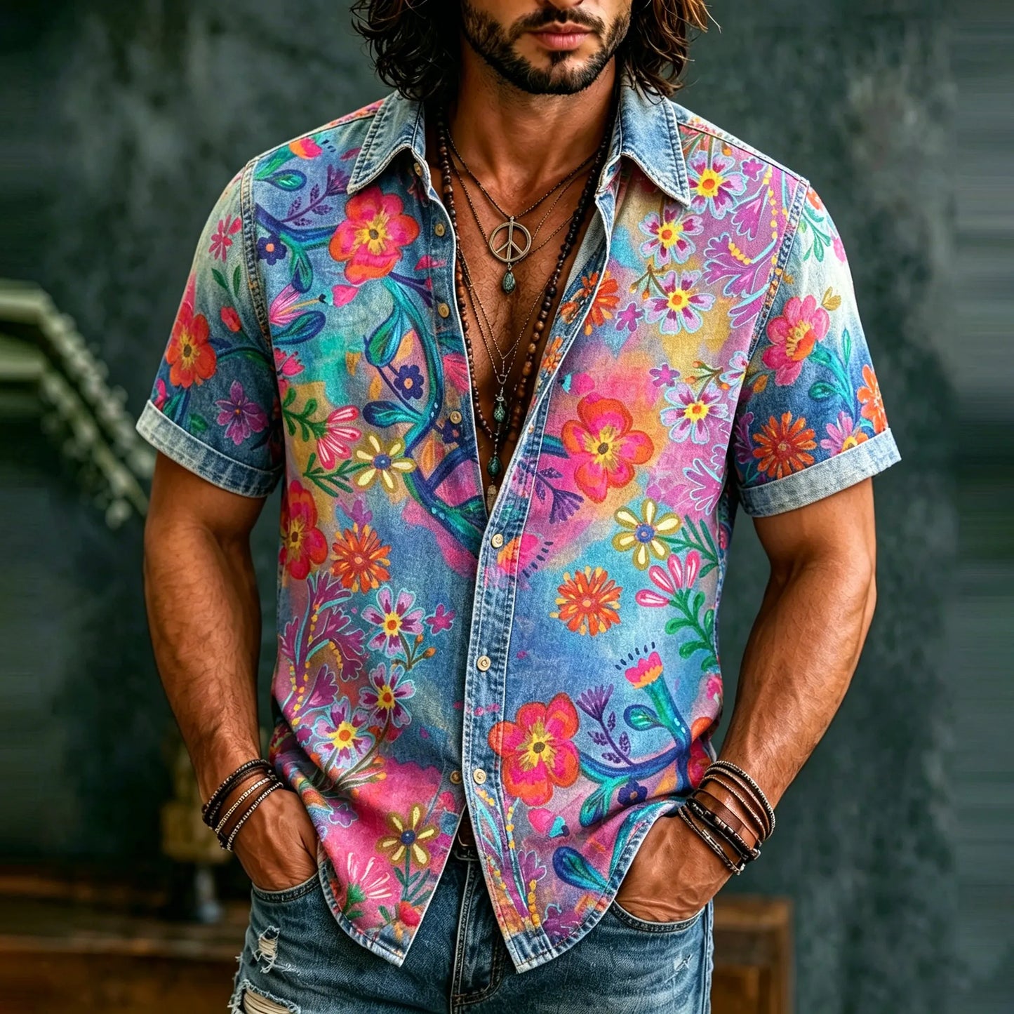 Cardydony Men's Retro Hippie Floral Graffiti Art Pattern Casual Washed Shirt