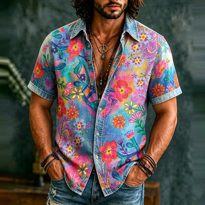 Cardydony Men's Retro Hippie Floral Graffiti Art Pattern Casual Washed Shirt
