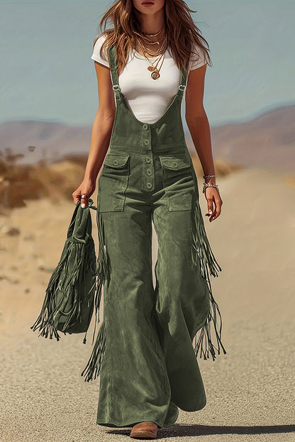 Cardydony Women's Stylish Suede Tassel Button Pocket Casual Wide-leg Overalls
