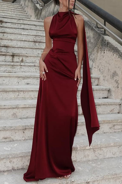 Cardydony Women's Solid Color Satin Elegant Sleeveless Waist Maxi Dress