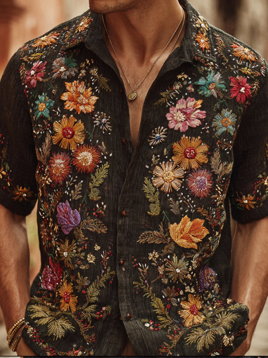 Cardydony Bohemian Style Colored Floral Diamond Black Men's Vintage Lapel Short-sleeved Shirt