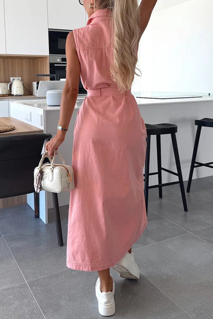 Cardydony Women's Solid Color Sleeveless Single Breasted Waist Tie Casual Pocket Denim Midi Dress