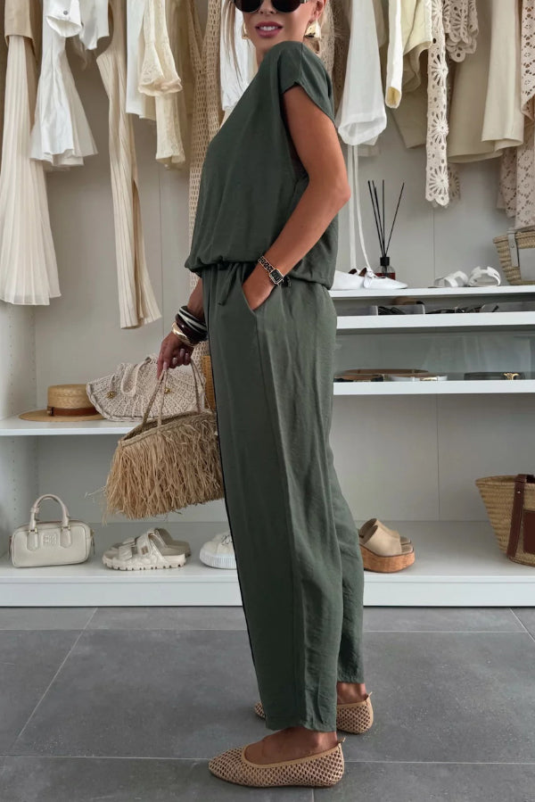 Cardydony Women's  Linen Blend Solid Color V-neck Short-sleeved Top and Elastic Waist Pocket Bloomers Pants Set