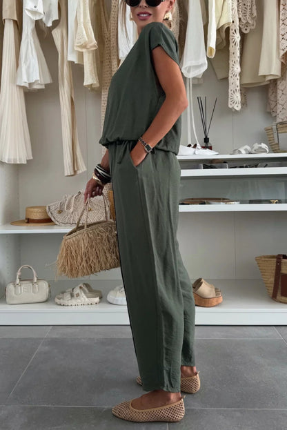 Cardydony Women's  Linen Blend Solid Color V-neck Short-sleeved Top and Elastic Waist Pocket Bloomers Pants Set