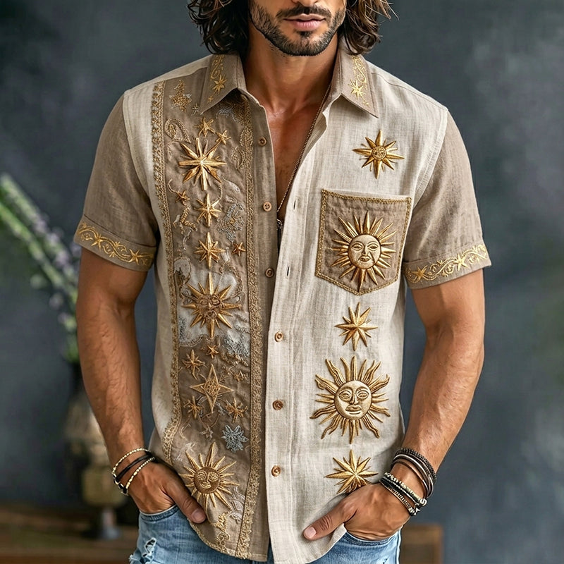 Cardydony Men's Retro Sun And Star Printed Short Sleeve Shirt