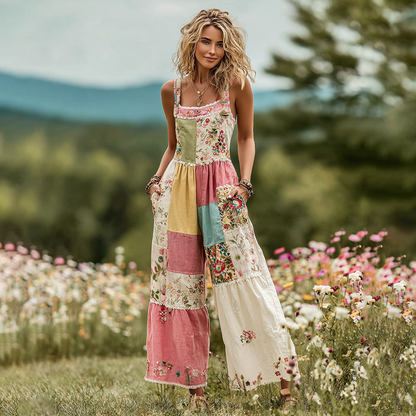 Cardydony Women's Vintage Floral Art Patch Comfy Jumpsuit