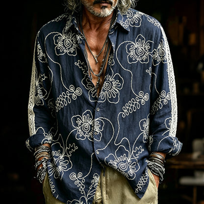 Cardydony Men's Retro Flower Embroidery Pattern Casual Linen Shirt