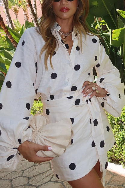 Cardydony Women's Effortlessly Linen Blend Polka Dot Balloon Sleeve Blouse and Wrap Tie-up Loose Mini Skirt Set