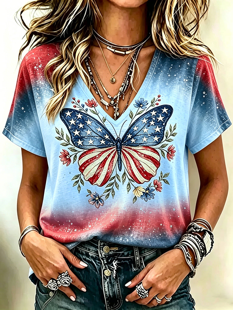 Cardydony Women's Vintage Independence Day Butterfly Printed V Neck Short Sleeve Casual Shirt