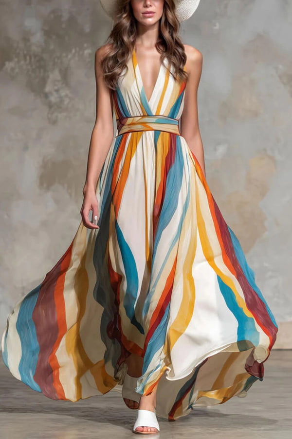 Cardydony Women's  Multi-colored Striped Print V-neck Sleeveless Fitted Waist Vacation Maxi Dress