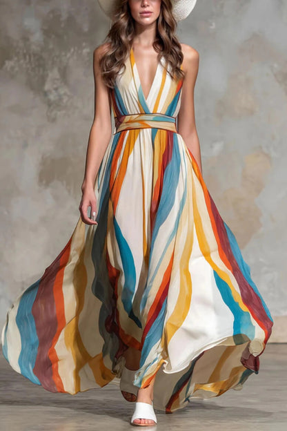 Cardydony Women's  Multi-colored Striped Print V-neck Sleeveless Fitted Waist Vacation Maxi Dress