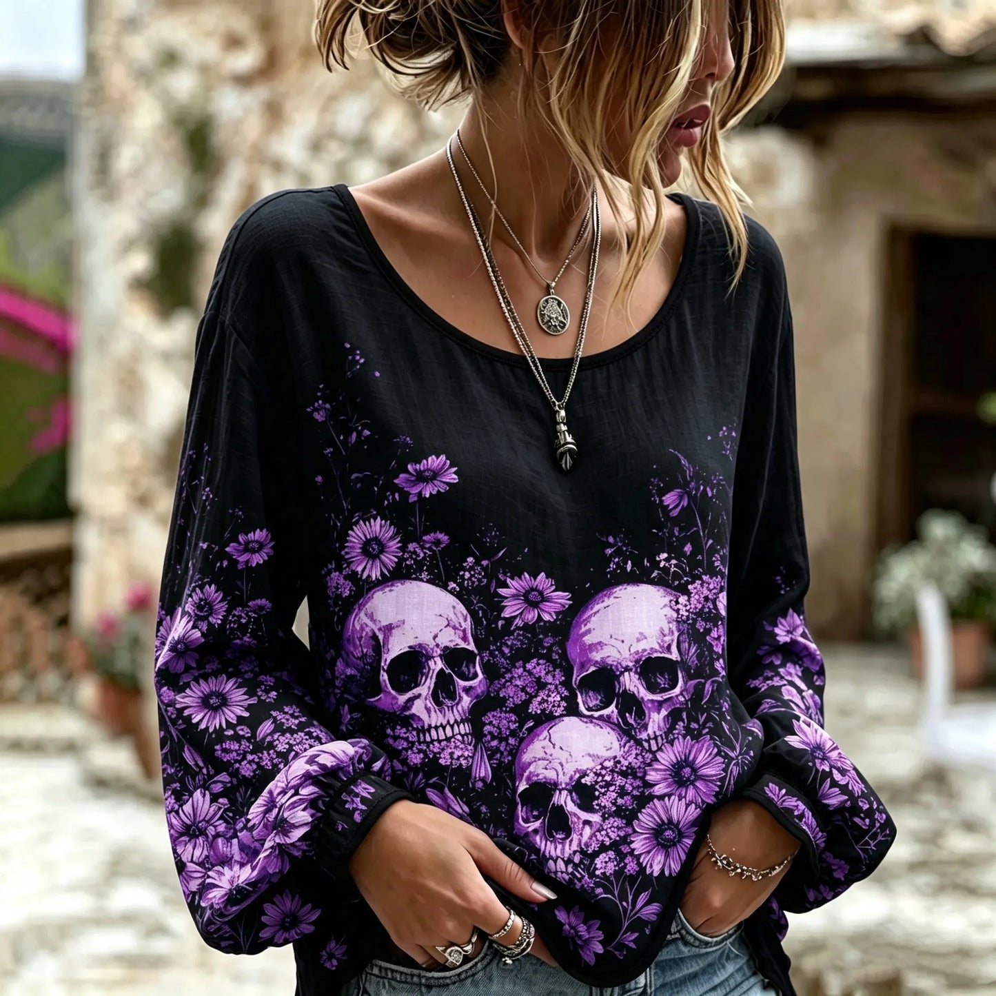 Cardydony Women's Bohemian Halloween Skull And Floral Print Cotton Linen Top