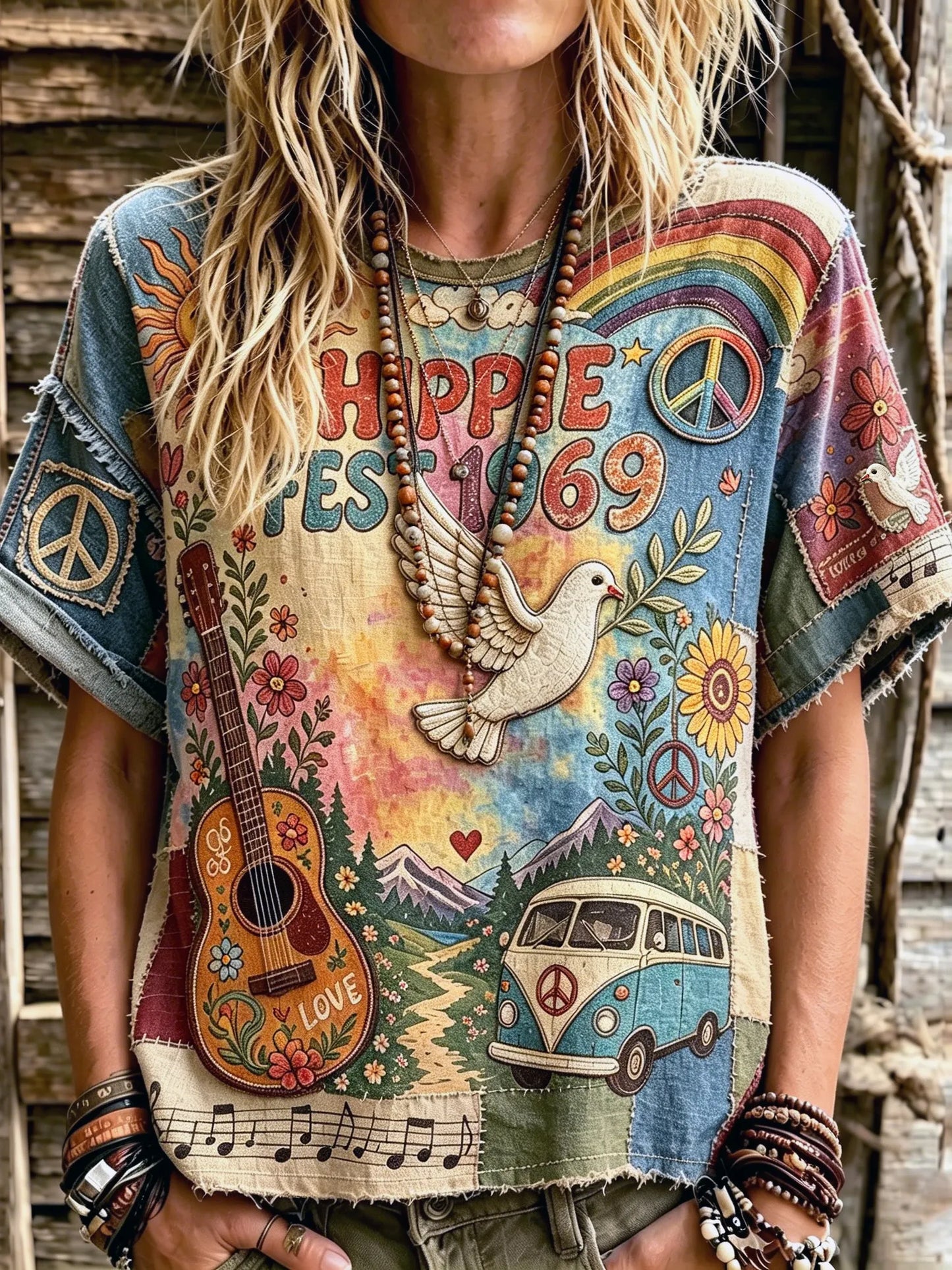 Cardydony Women's Vintage Hippie Music Pigeons With Guitars Art Short Sleeve Linen Blend T-shirt
