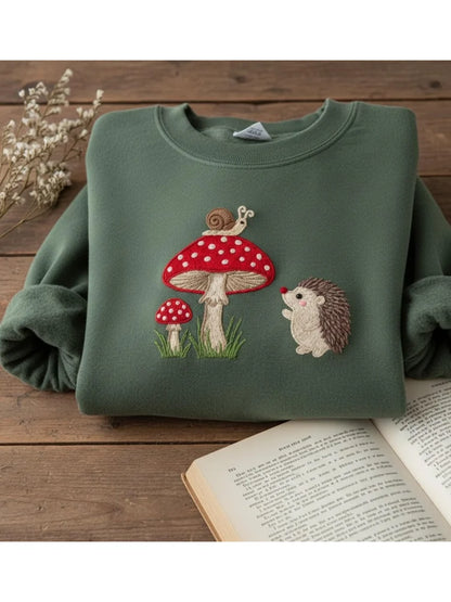 Cardydony Embroidered Hedgehog Snail Mushroom Sweatshirt