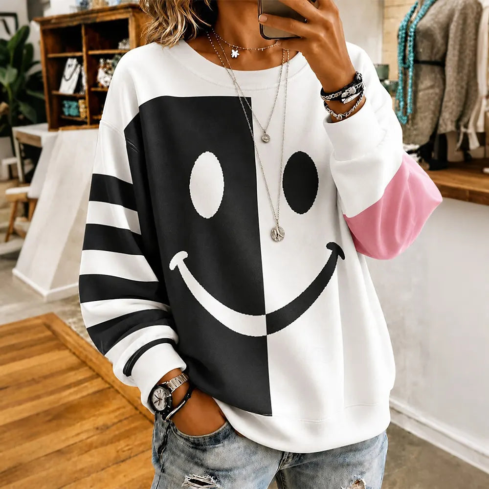 Cardydony Women's Retro Halloween Smiley Face Print Sweatshirt