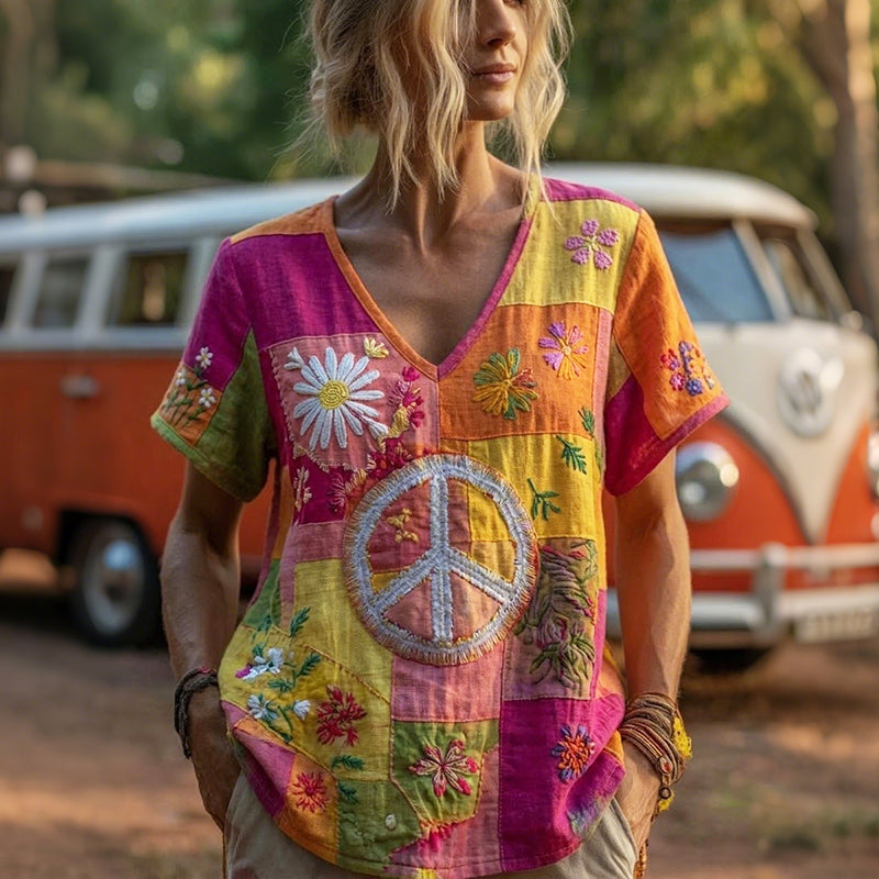 Cardydony Vintage Hippie Peace & Love Daisy Floral Patchwork Print Linen T-shirt