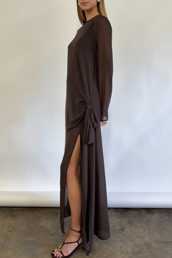 Cardydony Women's  Fashionable Mesh See-through Round Neck Long Sleeve Tie Bow Slit Maxi Dress