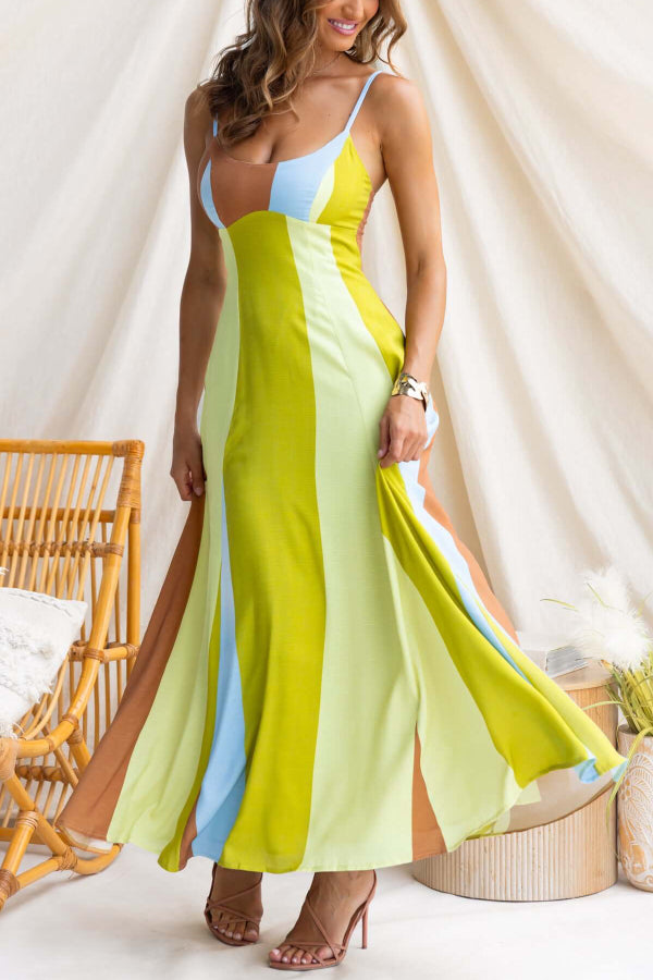 Cardydony Women's Linen Blend Color-blocked Print Suspender Sleeveless Casual Pocket Maxi Dress