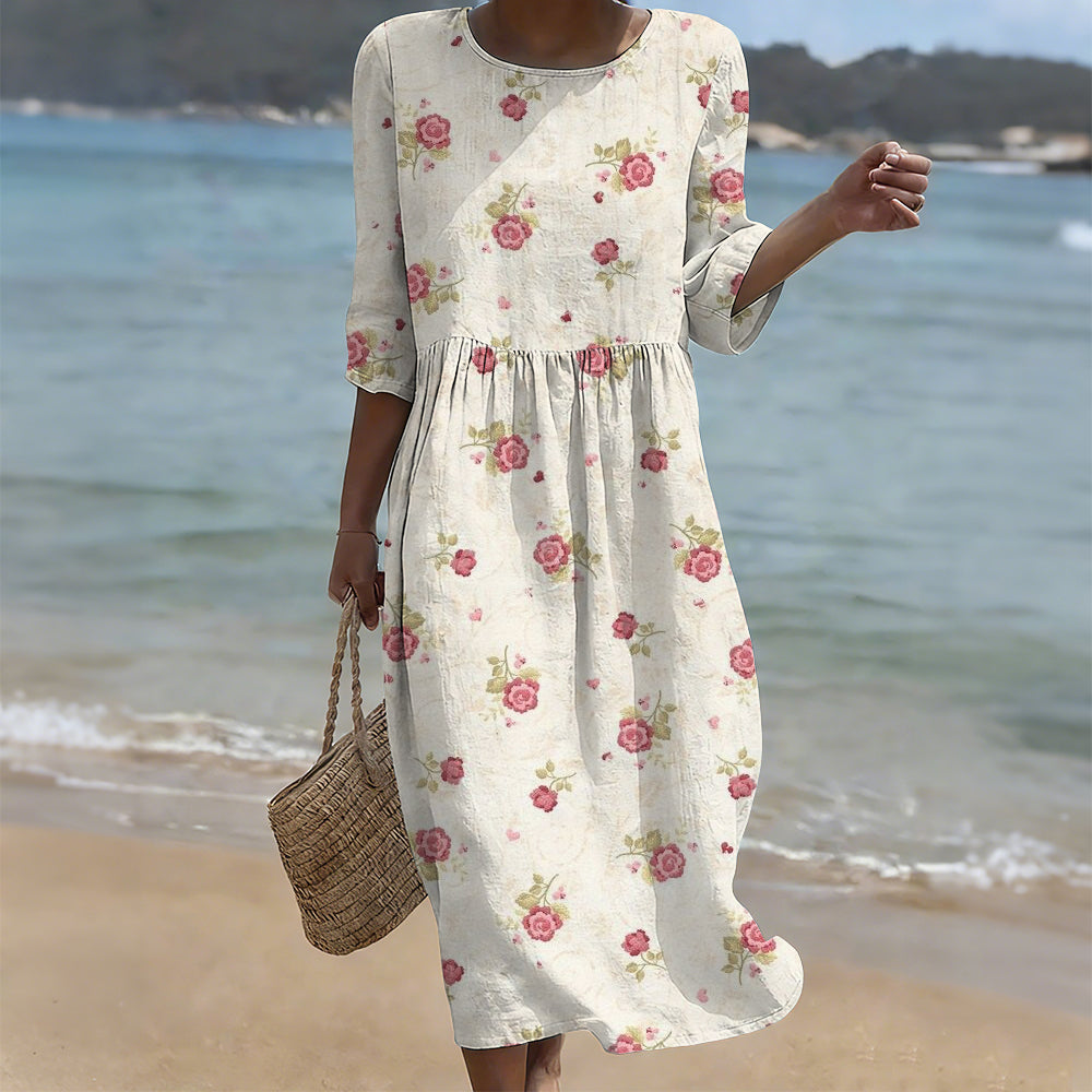 Cardydony Vintage Roses Floral Pattern Cozy Linen Midi Dress