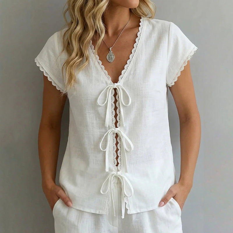 Cardydony Solid Color Lace Contrast Short Sleeved Shirt
