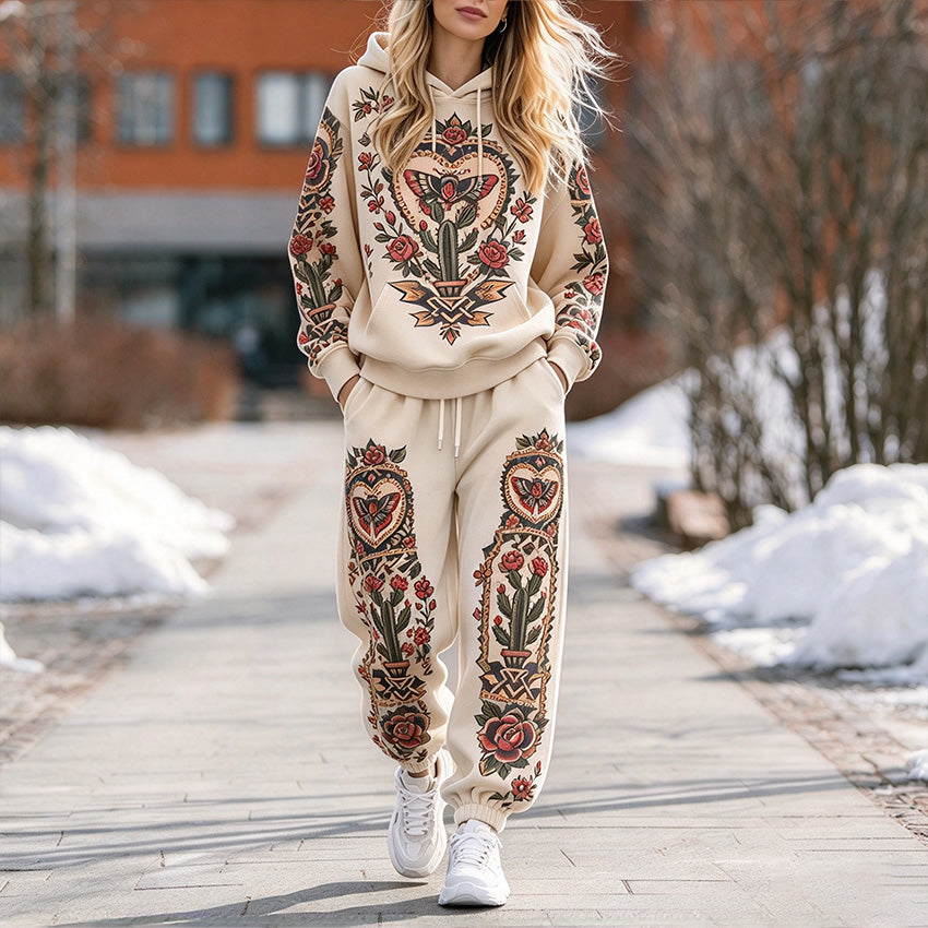 Cardydony Women's Vintage Butterfly And Floral Print Hoodie And Pants Set