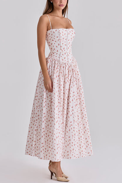 Cardydony Women's Romantic Countryside Stretch Cotton Blend Floral Print Cutout Trim Slip Midi Dress