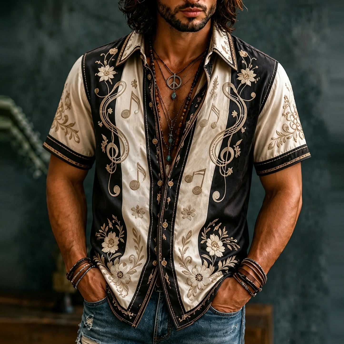 Cardydony Men's Retro Floral With Note Embroidery Art Short Sleeve Shirt
