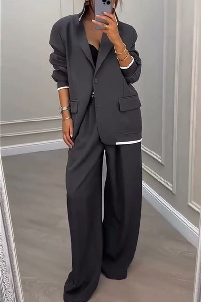 Cardydony Women's Fashion Sports Style Ribbed Colorblock Lapel Blazer and Elastic Waist Pocket Loose Pants Set