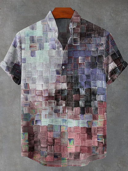 Cardydony Oil Painting Style Lattice Vintage Art Print Casual Cotton Linen Shirt