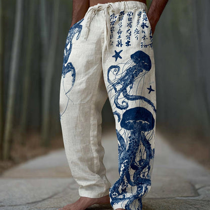 Cardydony Men's Apanese-style Jellyfish Print Ocean Elastic Waist Pants