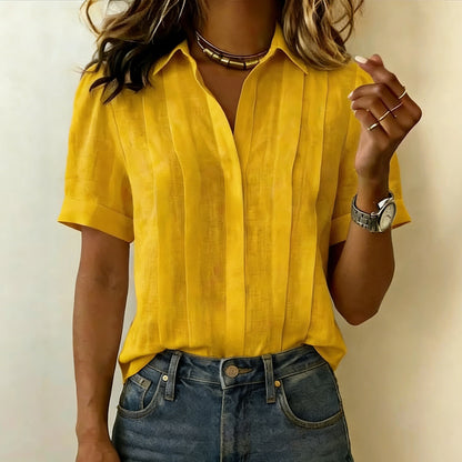 Cardydony Loose Lapel Short Sleeve Pleated Cotton Shirt