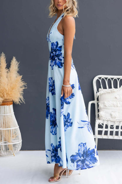 Cardydony Women's Floral Print V-neck Backless Tie-up Fitted Waist Elegant Maxi Dress
