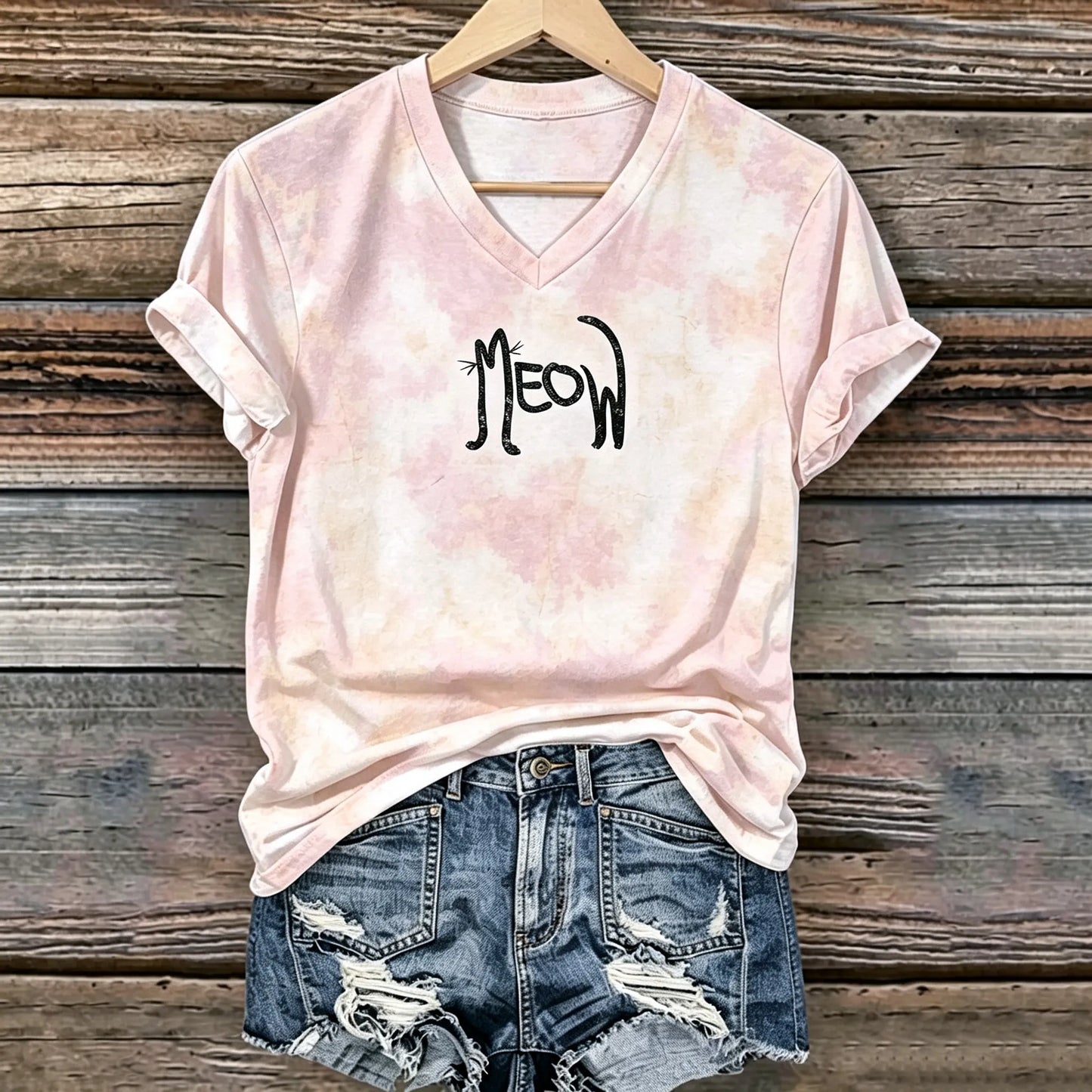 Cardydony Women's Retro Bohemian Style Cat Print Cotton Linen T-shirt
