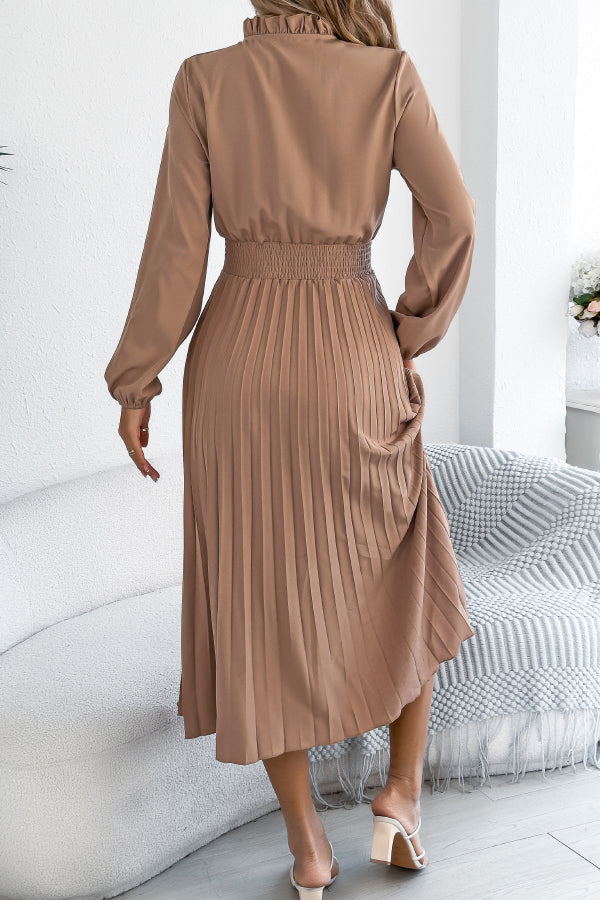 Cardydony Women's Solid Color Long-sleeved Fitted Waist Pleated Elegant Midi Dress