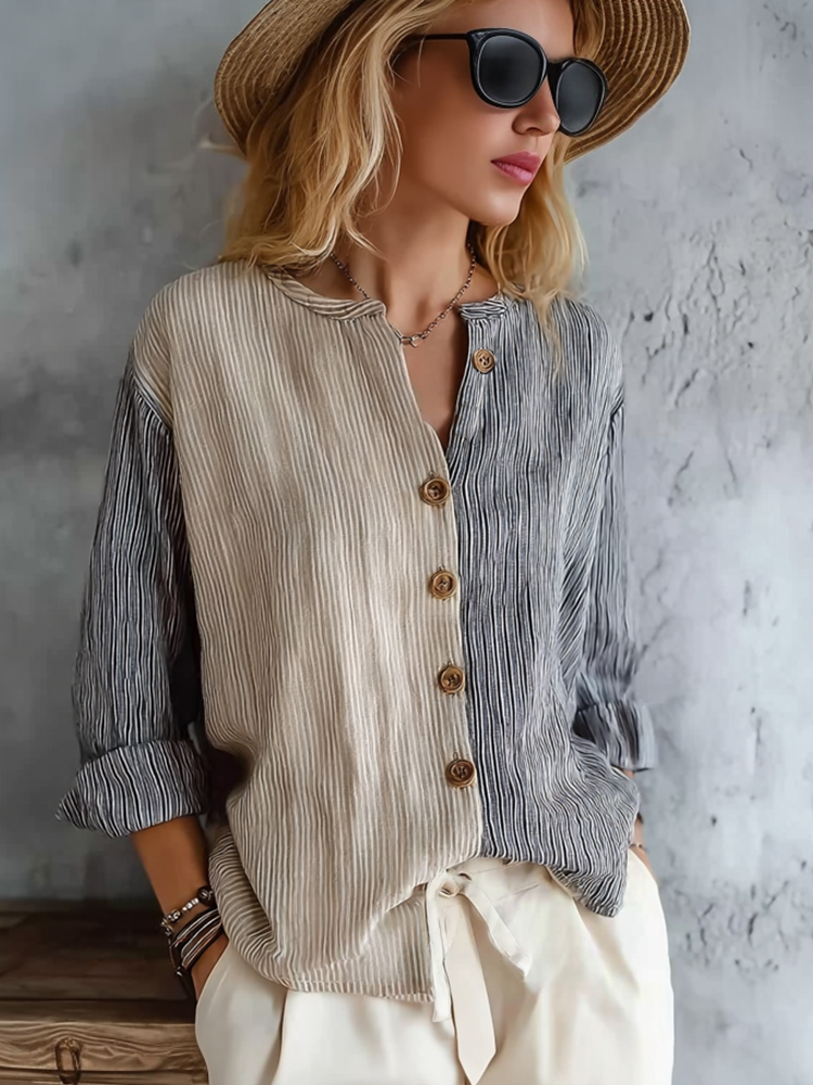 Cardydony Striped Color-blocking Design Casual Shirt