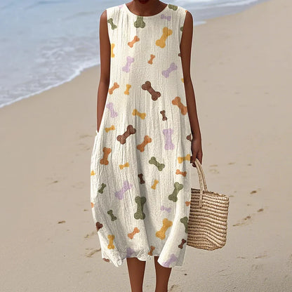 Cardydony Women's Bone Print Linen Blend Tank Midi Dress